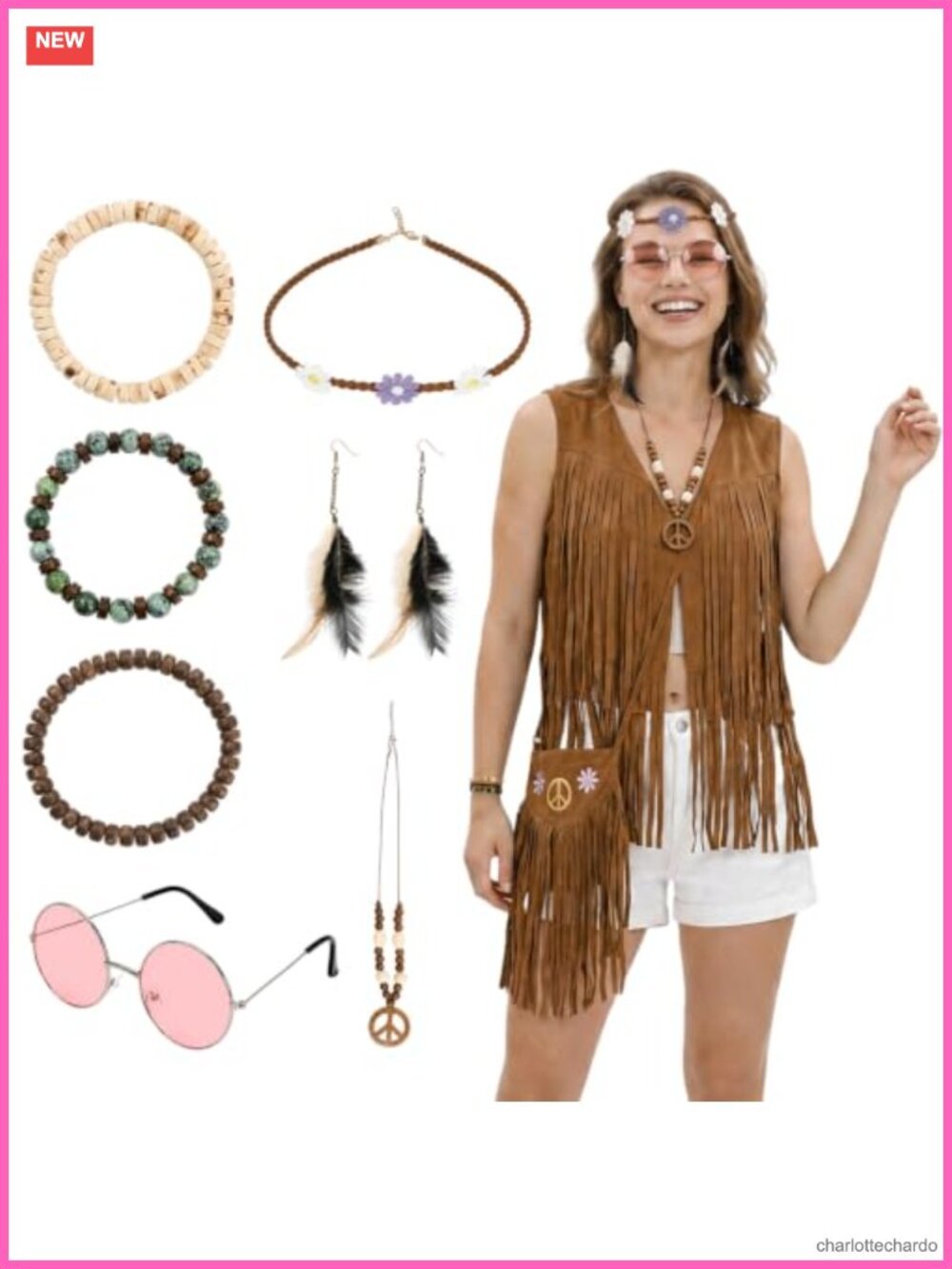 Hippie Costume Accessory Set 9 Piece Fringe Vest Crossbody Bag 70s Retro